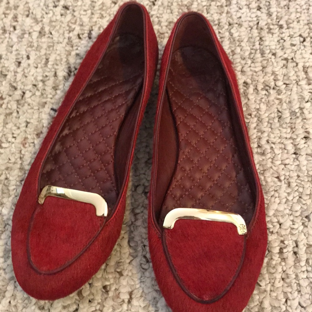 Tory Burch Sz 6 red Calf skin flats Jess quilted